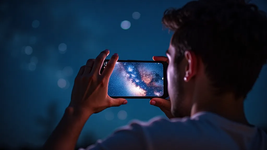 Person viewing astrophotography image on smartphone