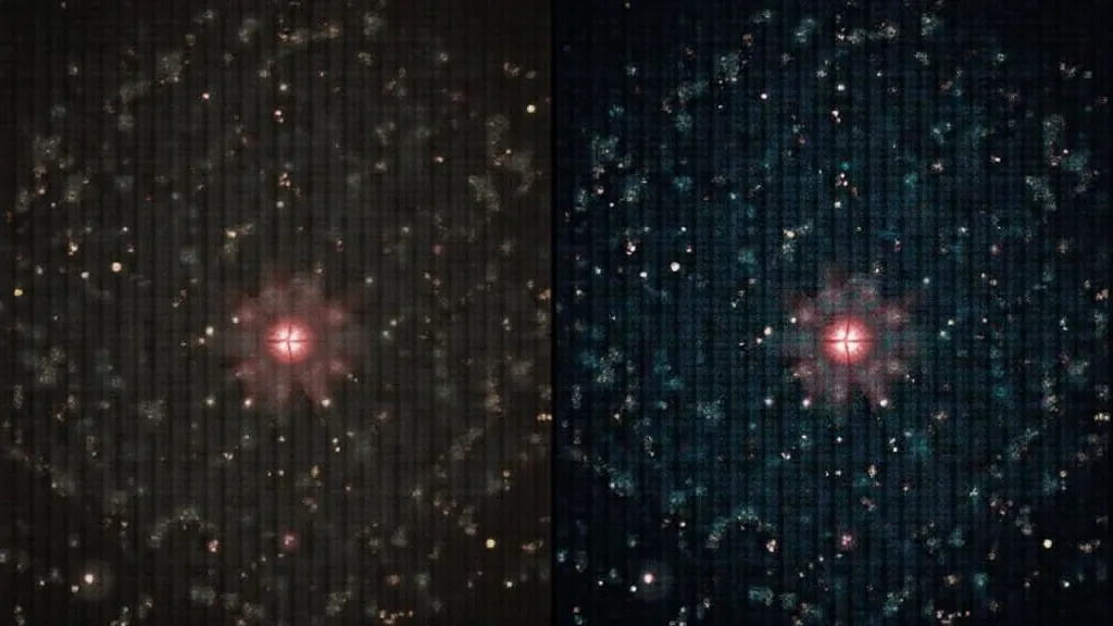 A side-by-side comparison of a processed and unprocessed astrophotography image showing the difference in detail revealed by processing.