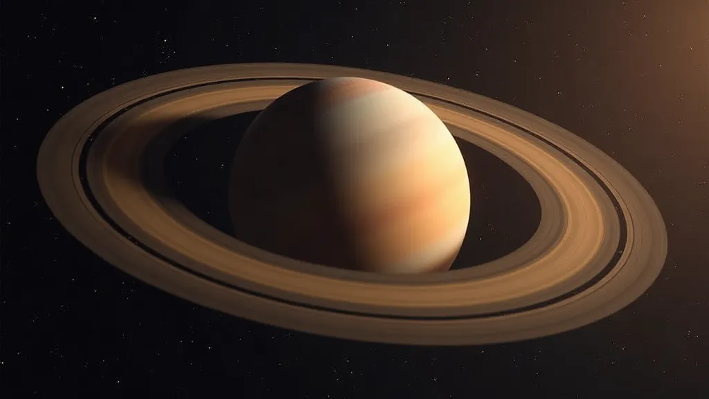 Saturn with its rings visible, details on rings and planet surface